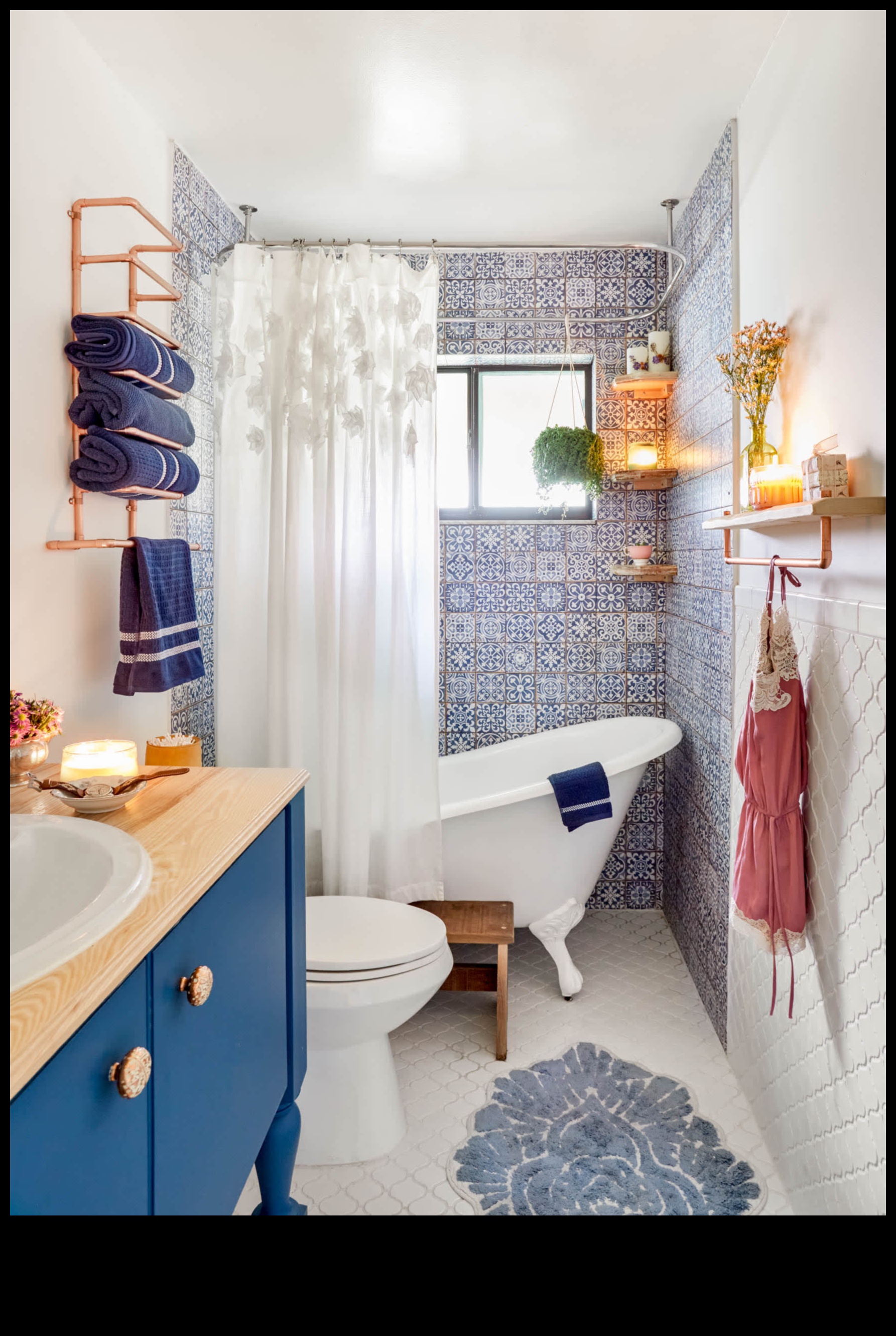 Decor de baie boem pentru spații mici 2 Care sunt câteva idei de decor boeme pentru baie pentru un spațiu mic?